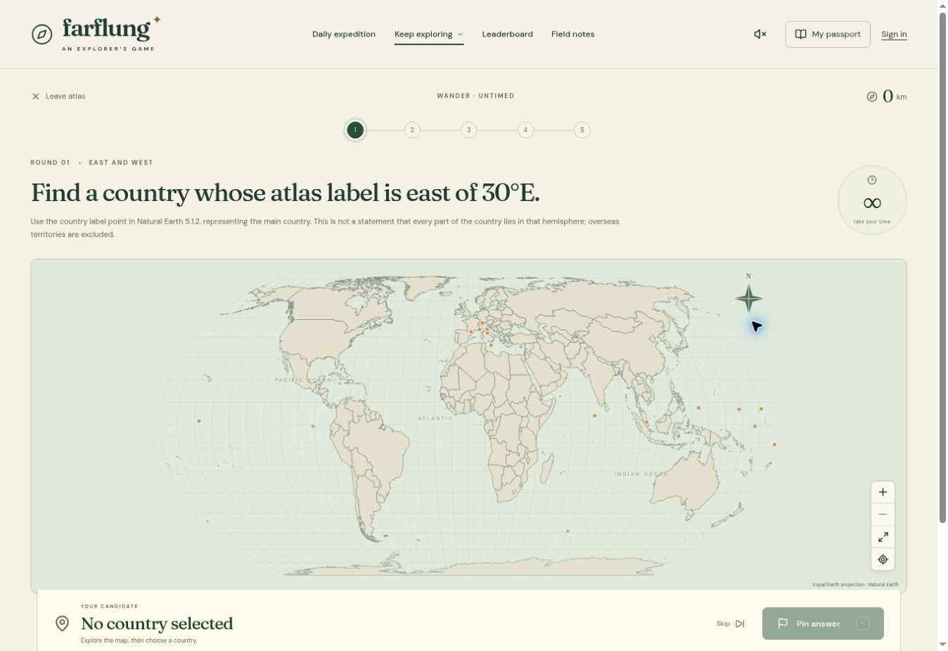 Actual Wander game showing a clue above the interactive world map, with a separate candidate and Pin answer control